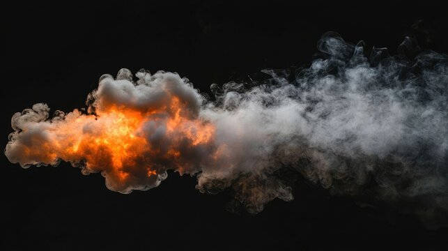 Fiery Explosion with Grey Smoke Against Black Background -
