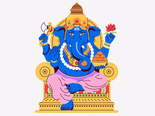 Lord Ganesha sitting on throne. Indian God of Hindu. Symbol of wisdom and prosperity. Lotus pose meditation. Vector illustration. Traditional Chaturthi festival of India.