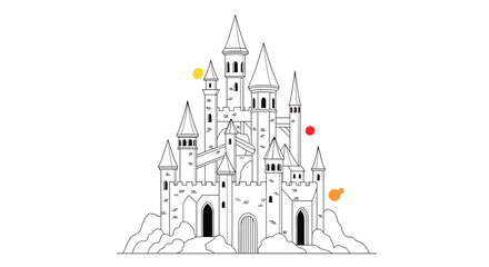 Majestic Fortified Castle Nestled on a Mountainous Terrain with Colorful Floating Orbs