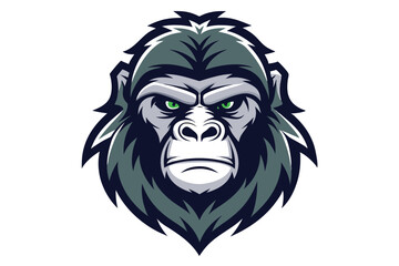 Angry gorilla face with piercing green eyes stares intensely ahead showing its powerful strength