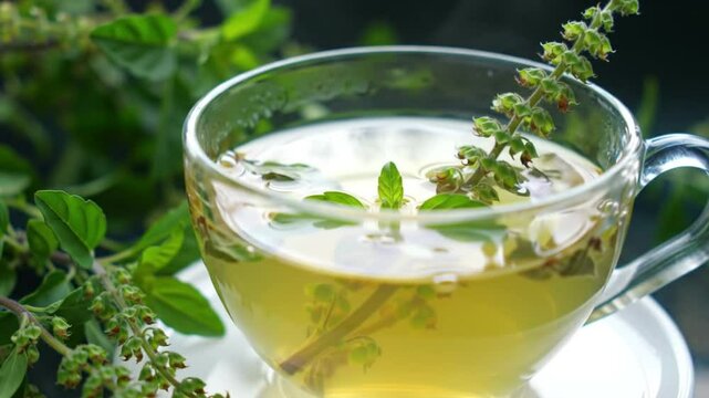 Thulasi glass cup of tulsi tea nestled amongst fresh basil leaves perfect for wellness and herbal tea promotions and marketing.