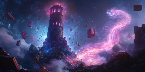 Mystical Tower Fantasy Art Magical Realm Purple Nebula Cosmic Energy Digital Painting