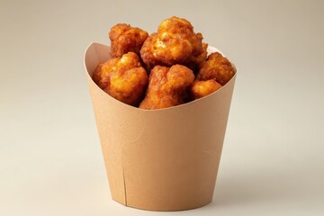 crispy cauliflower wings in brown paper cup on neutral background