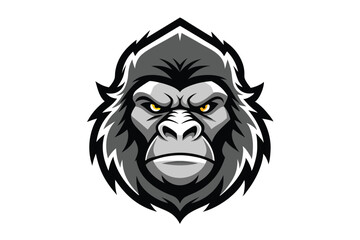 A menacing grayscale gorilla with piercing yellow eyes stares intensely on a white background