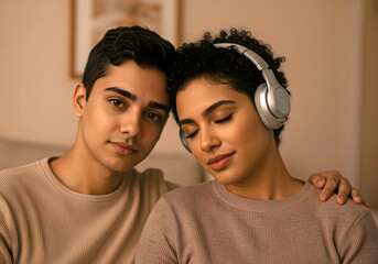Neurodivergent autistic woman resting with headphones supported by caring neurotypical partner at home