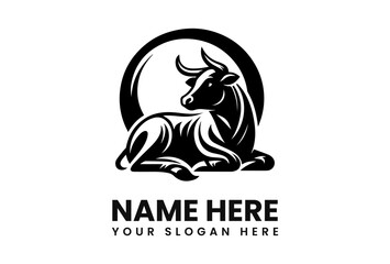 Black and white logo of a resting bull, encircled by a circular design element.