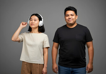 Neurodivergent autistic asian woman adjusting headphones standing with neurotypical partner in studio
