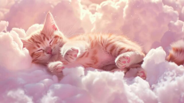 Cute baby cat sleeping on pink clouds