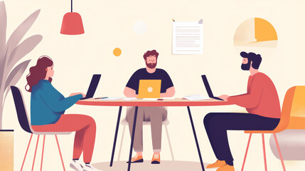 Fototapeta premium Flat Design Illustration of Team Members Sitting Around a Round Table Collaborating with Shared Laptops and Papers in a Professional Workspace