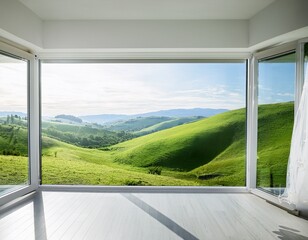 bright white room with panoramic view of lush green hills