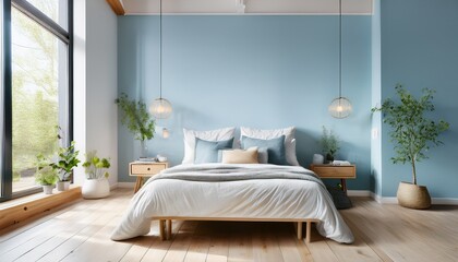 bright loft bedroom with pale birch floors and subtle sky blue walls giving a serene scandinavian vibe