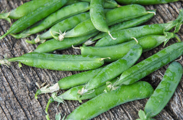 fresh green pea pods on a wooden background. selective focus