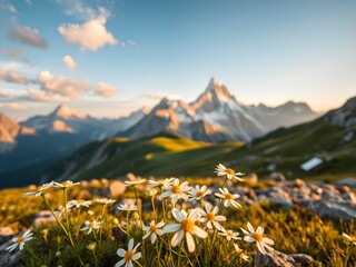 Wide Mountain Landscape under Bright Blue Sky with White Clouds