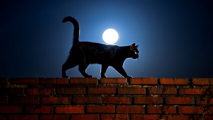 Silhouette of black cat walking on brick wall at night under full moon