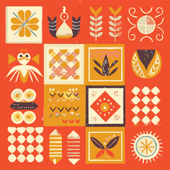 Colorful Hand-Drawn  Wall Art Set – Botanical Kitchen Prints with Citrus, Berries, and Autumn Harvest in Modern Flat Style. Botanical wall art vector set. Hand draw template leaves and art design.