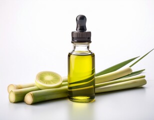 lemongrass essential oil and stalks on white background