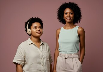 Lesbian gay LGBTQIA+ couple in minimalist scene with one autistic partner wearing headphones showing neurodivergent pride