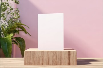 Blank card mockup on wooden pedestal against pink background with green plants, minimalist display for design presentation.