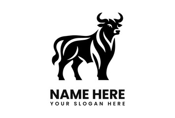 Stylized black bull logo design, strong, powerful, standing profile.