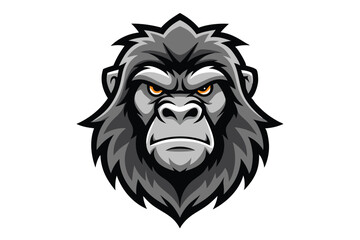 Fierce gorilla head gazes intensely with sharp orange eyes on a white background