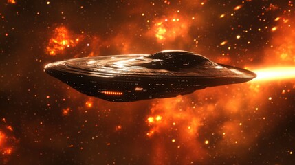 Obraz premium A spaceship flying through an orange nebula with a bright light trail behind it in deep space