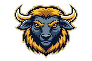 Blue bison head with golden horns and fierce yellow eyes stares intently