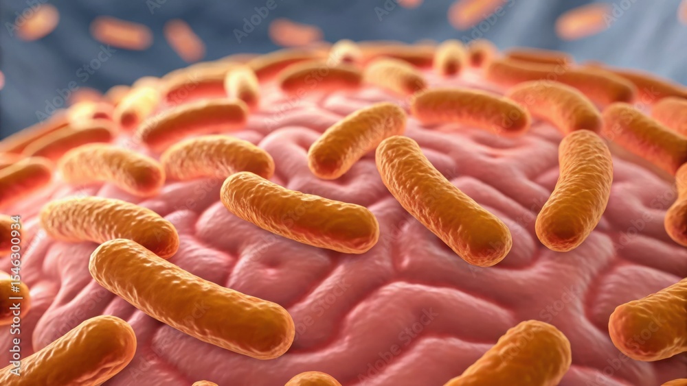 Poster detailed 3d rendering of gut bacteria interacting in gigapixel quality