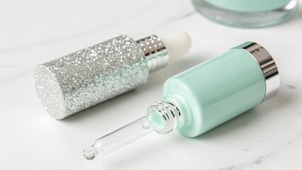Naklejka premium Pastel colored cosmetic dropper bottle with glitter.