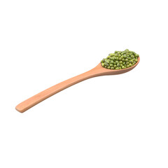 A wooden spoon filled with green mung beans, highlighting a natural kitchen element for cooking and nutrition.