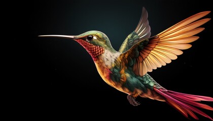 hummingbird in flight against black background