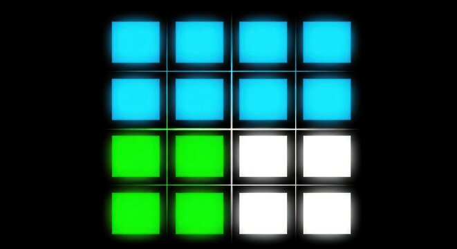 Grid of glowing squares in vibrant colors.