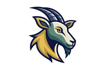 Stylized goat head with curved horns and detailed fur stands out boldly