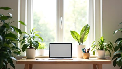 Home office workspace with laptop and green plants by a bright window