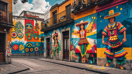 Colorful mexican street scene with mural art and traditional costume featuring sombrero and folk dance.
