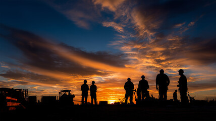 Fototapeta premium A group of silhouetted figures against a vibrant sunset. The sky is a blend of bright oranges, pinks, and deep blues, with the outlines of the figures highlighted in black.