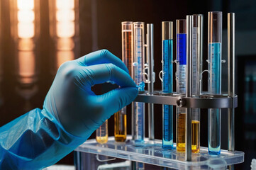 Gloved hand handling test tubes in lab