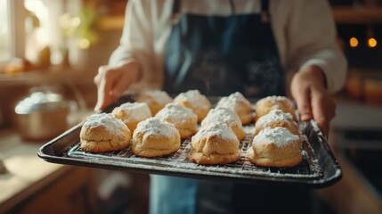 Freshly Baked Pastries with Powdered Sugar Ready to Serve at Home Kitchen Table