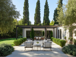 An elegant and symmetrical view of a modern home's patio with a pergola, outdoor lounge furniture, and a row of tall Italian cypress trees.