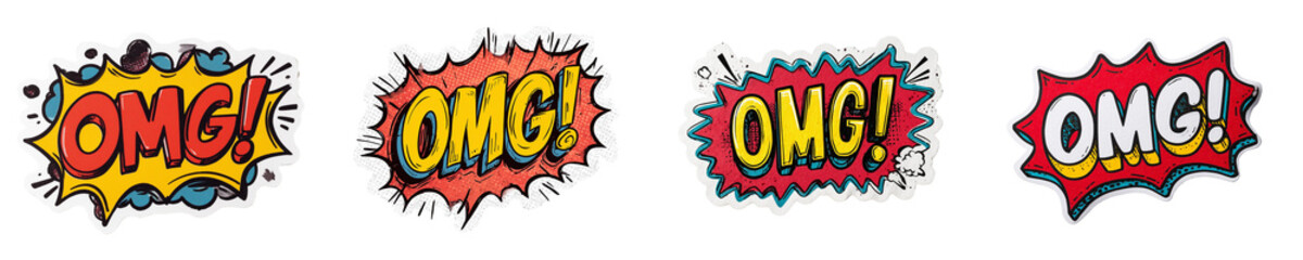 Set of four colorful omg comic speech bubbles