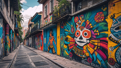 Obraz premium Colorful street art murals adorning buildings along an alleyway showing cultural artistic expression