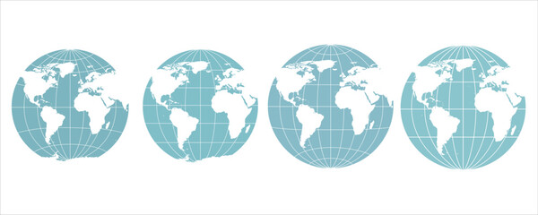 World globes maps set. Europe, Asia, North and South America, Oceania, Africa globe maps. Earth globe icons isolated on blue background. Vector illustration