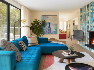 A vibrant and contemporary living room with a large, bright blue sectional sofa, a modern fireplace, and eclectic, colorful art and decor.