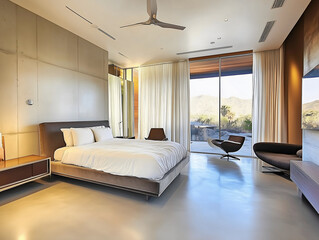 A classic mid-century modern living room with floor-to-ceiling windows, a freestanding retro fireplace, and a panoramic view of a wooded landscape.

