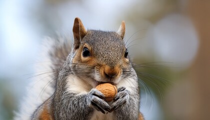 Fototapeta premium close up of a gray squirrel holding and cracking a nut
