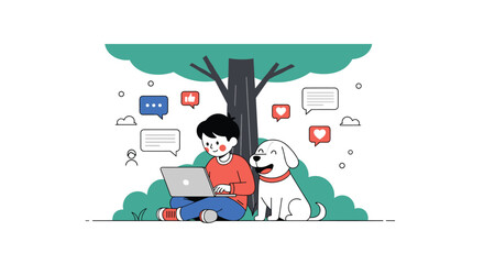 Obraz premium Person with a Dog Using Laptop in Nature Under Tree with Social Media Icons