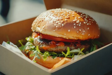 Delicious sesame seed burger in a cardboard box take away food