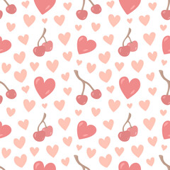 Lovely seamless pattern with cherries and hearts
