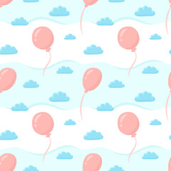 Seamless pattern with floating balloons and clouds