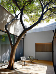  A peaceful and private modern courtyard featuring a large, elegant tree as a central element, surrounded by wooden decking and minimalist chairs.