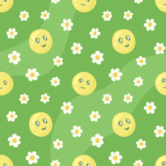 Tile pattern with happy smiles and flower meadow
